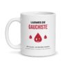 Mug Larmes de gauchiste, face avant : lettres rouges et trois gouttes souriantes