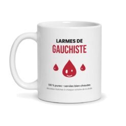 Mug Larmes de gauchiste, face avant : lettres rouges et trois gouttes souriantes