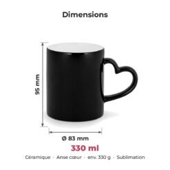 Dimensions du mug magique : hauteur 95 mm, diamètre 83 mm, 330 ml