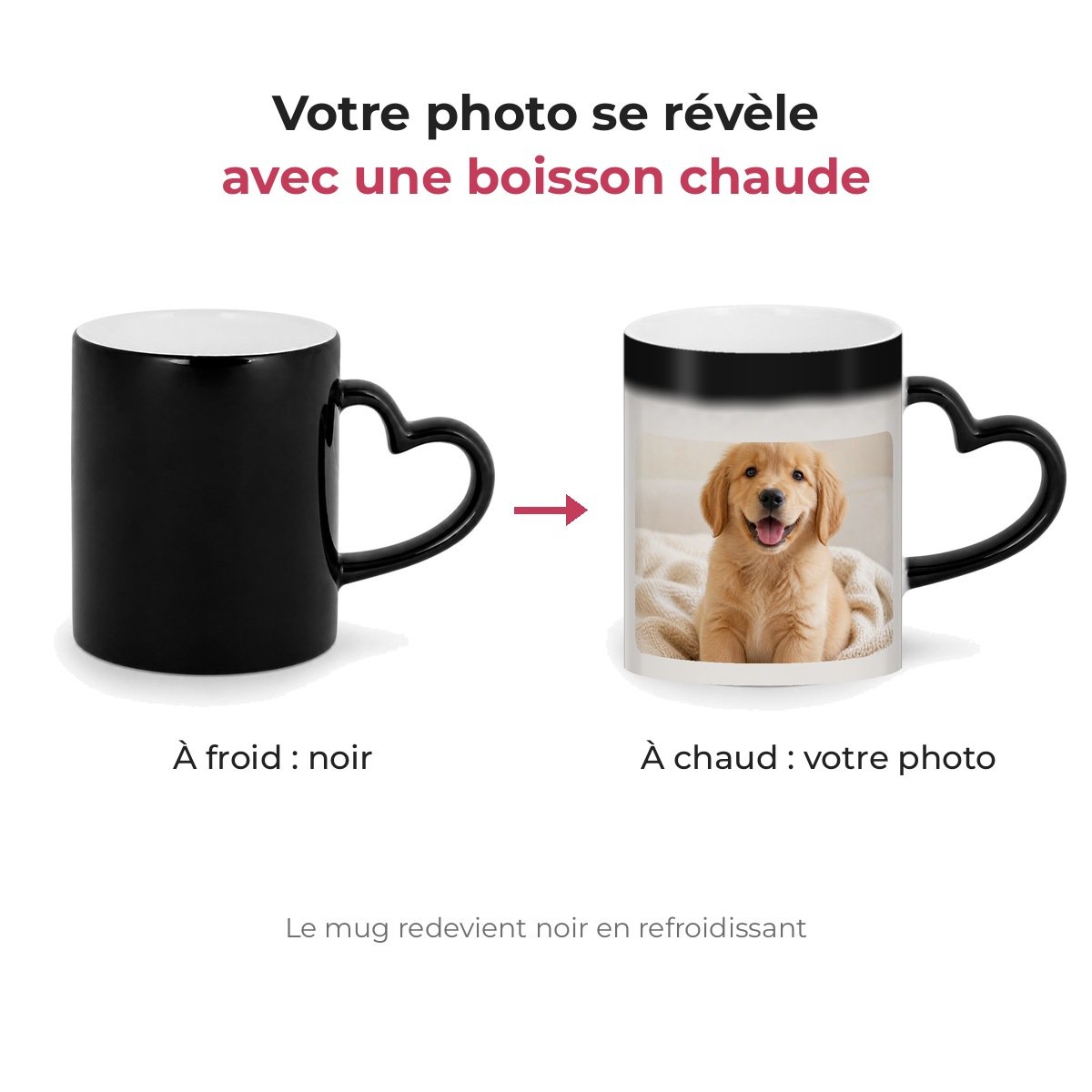 Mug magique noir à froid, puis photo révélée à chaud sous le haut du mug resté noir