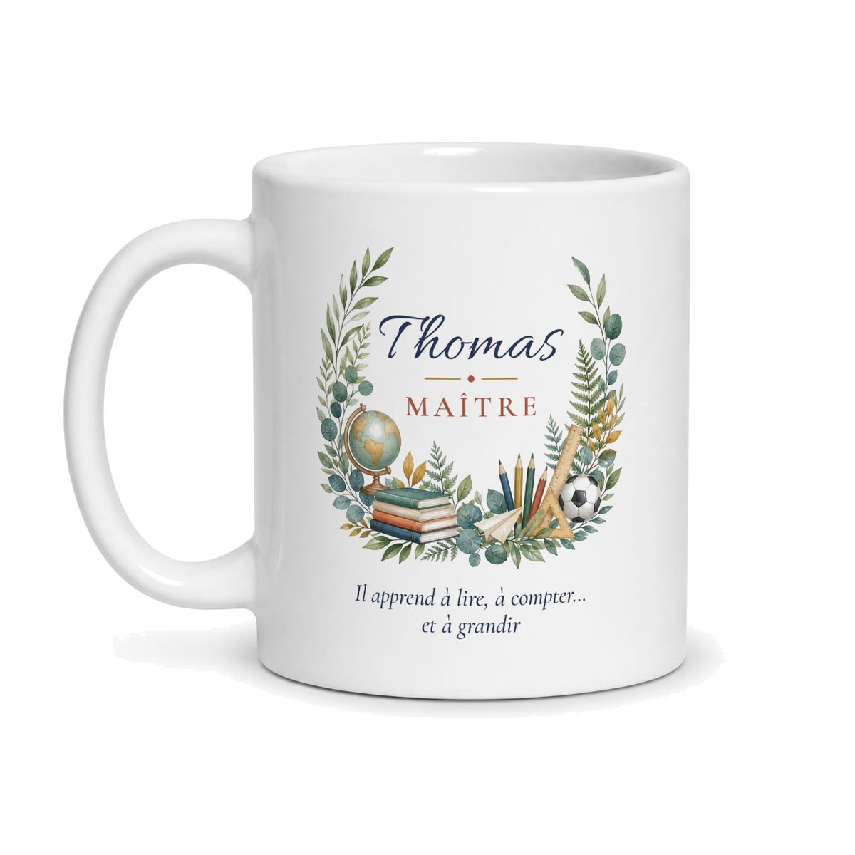 Mug maître d'école personnalisé au prénom Thomas, globe, livres et ballon de foot à l'aquarelle