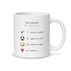 Dos du mug maître : « Une journée de maître », 7 avions en papier et 2 ballons sur le toit