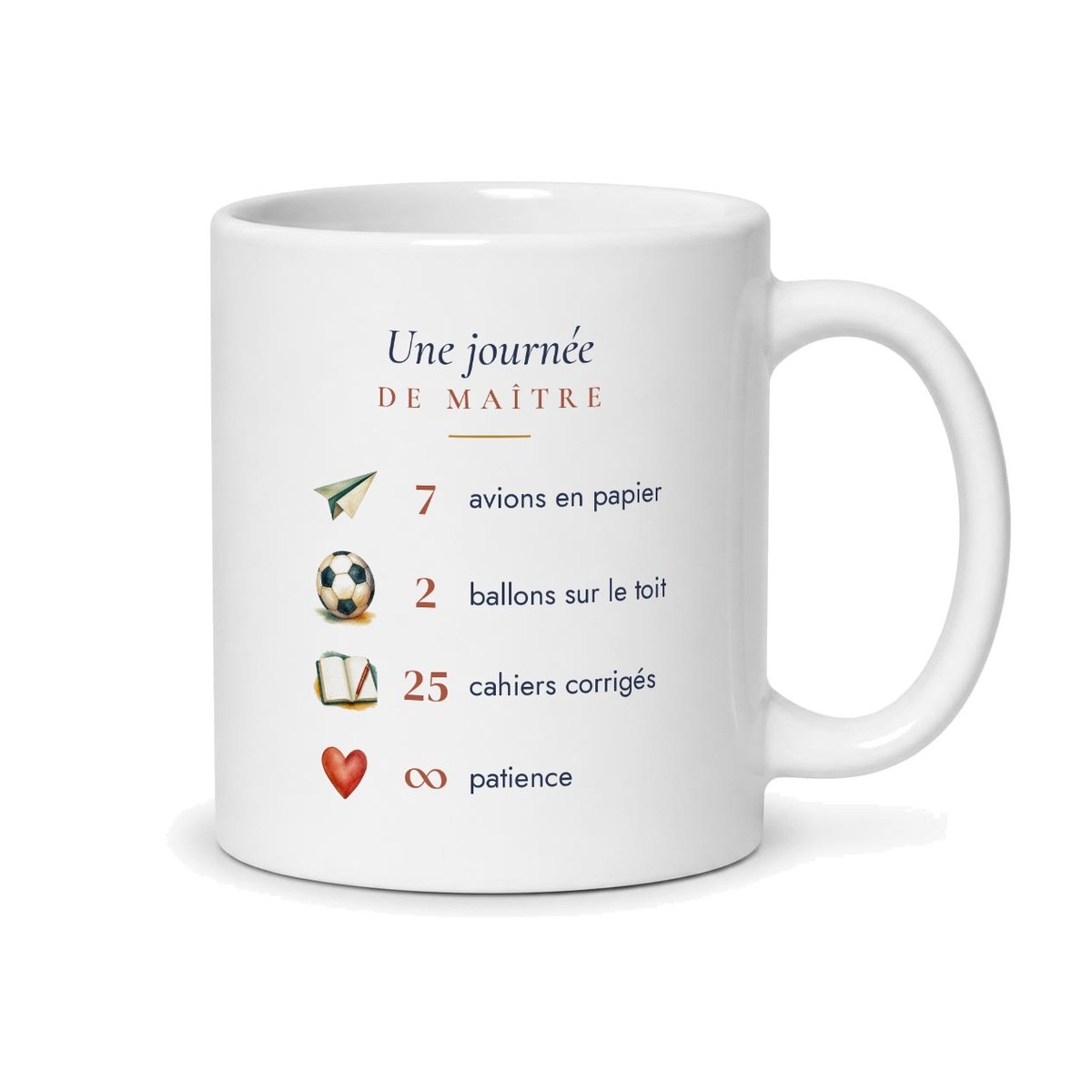 Dos du mug maître : « Une journée de maître », 7 avions en papier et 2 ballons sur le toit