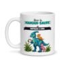 Mug Maman-saure personnalisé prénoms, face avant : maman-saure avec son café et ses deux petits dinos, prénom Nathan & Lina