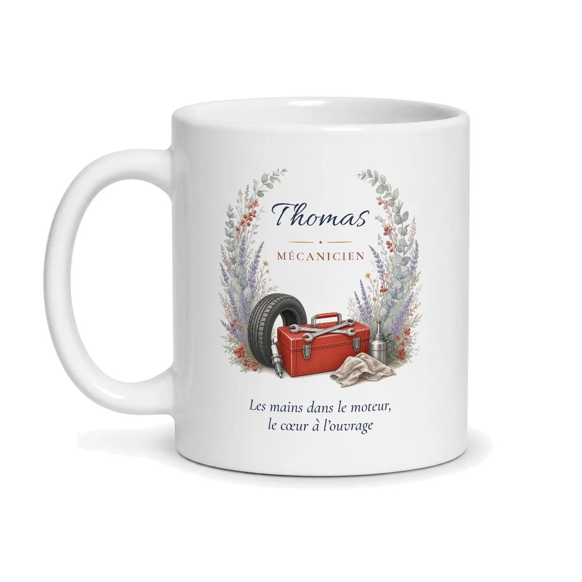 Mug mécanicien auto personnalisé prénom – mug blanc vu de face