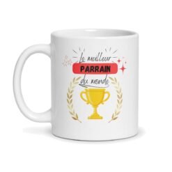 Mug « Le meilleur parrain du monde » – coupe dorée et bandeau rouge – mug personnalisé