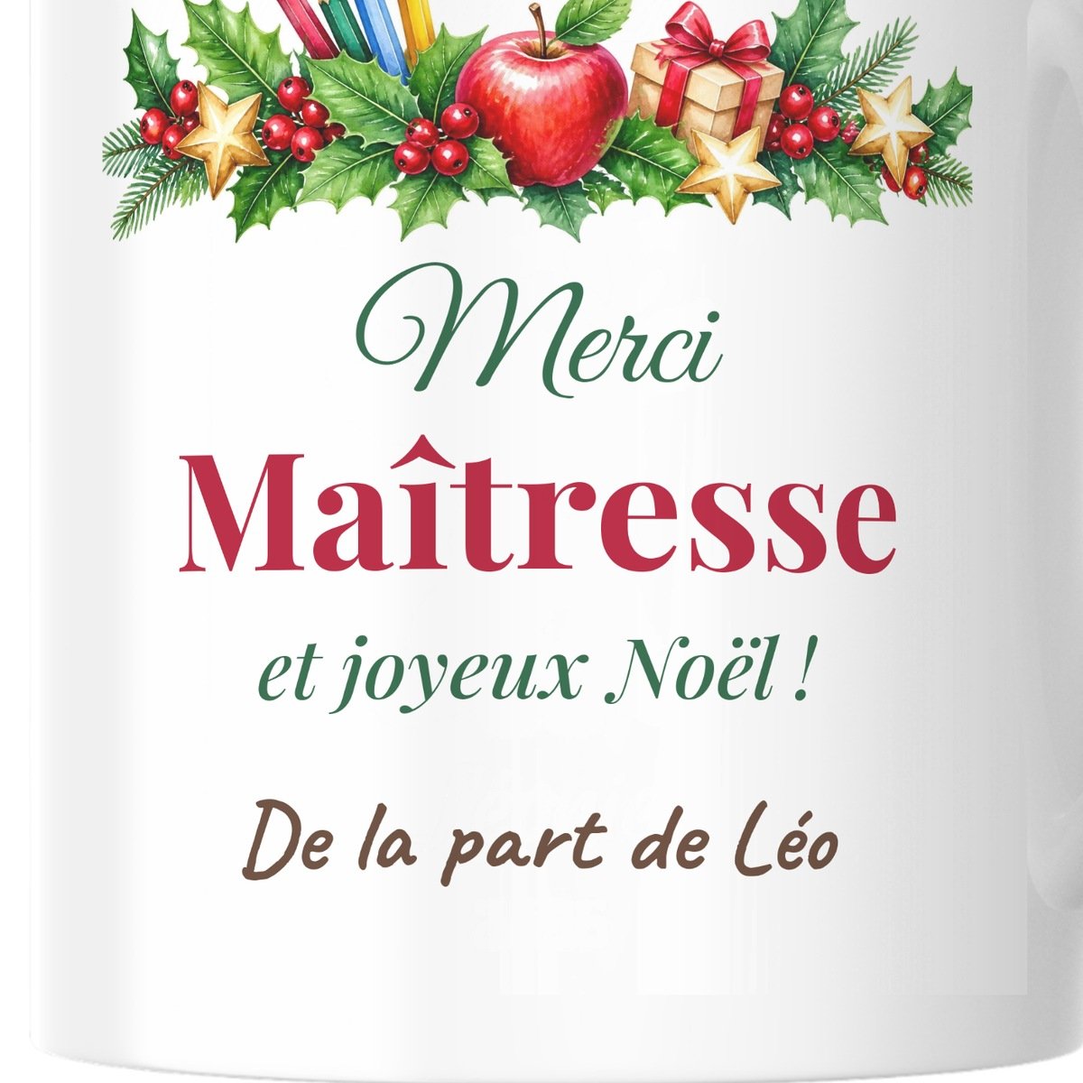 Mug Merci Maîtresse Noël personnalisé – gros plan sur la personnalisation