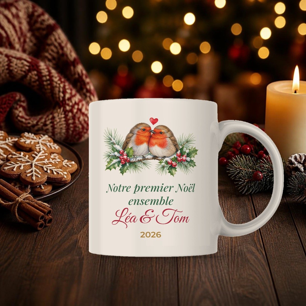 Mug Notre premier Noël ensemble personnalisé prénoms – mug sur une table de Noël