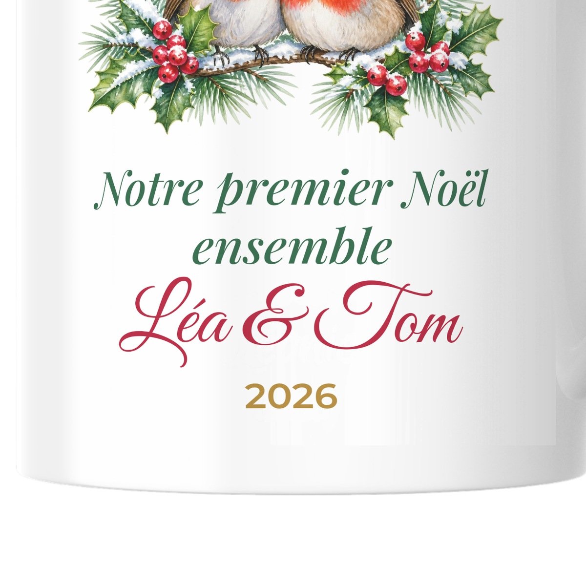 Mug Notre premier Noël ensemble personnalisé prénoms – gros plan sur la personnalisation