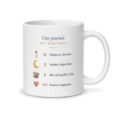 Dos du mug nounou : liste humoristique « Une journée de nounou » avec des icônes de biberon, de lune et de tasse de thé