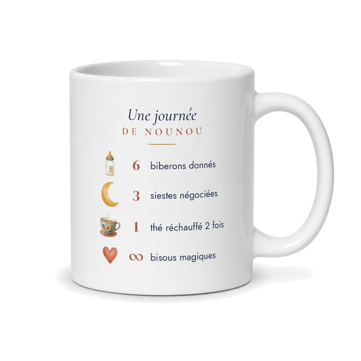 Dos du mug nounou : liste humoristique « Une journée de nounou » avec des icônes de biberon, de lune et de tasse de thé