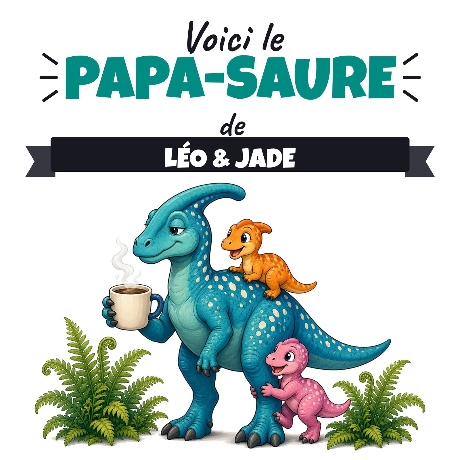 Visuel de la face avant du mug Papa-saure personnalisé prénoms avec l’exemple Léo & Jade