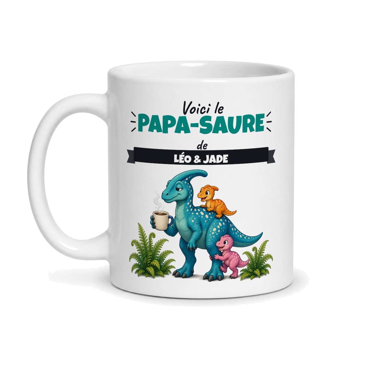 Mug Papa-saure personnalisé prénoms, face avant : papa-saure avec son café et ses deux petits dinos, prénom Léo & Jade