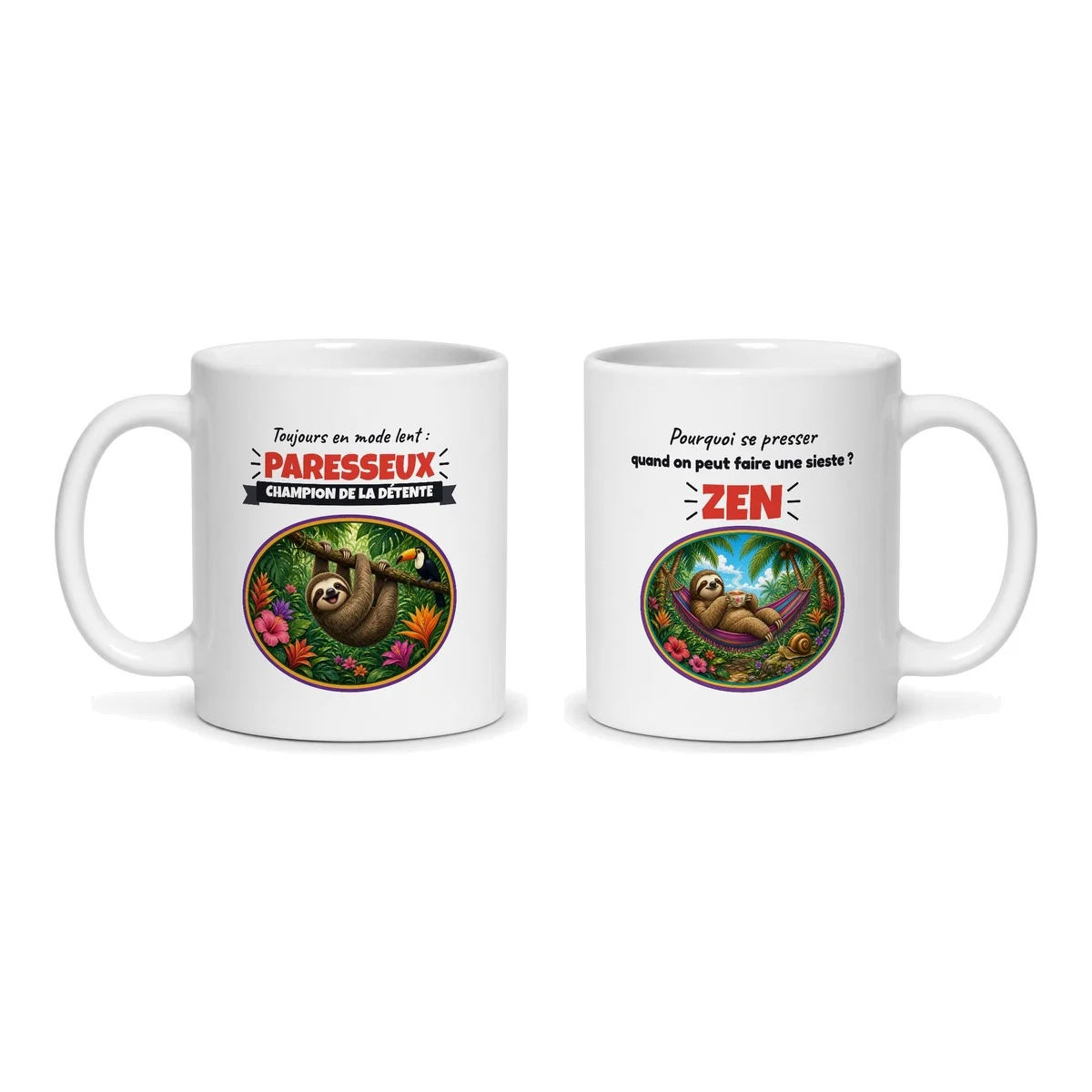 Mug paresseux – les deux faces du mug côte à côte