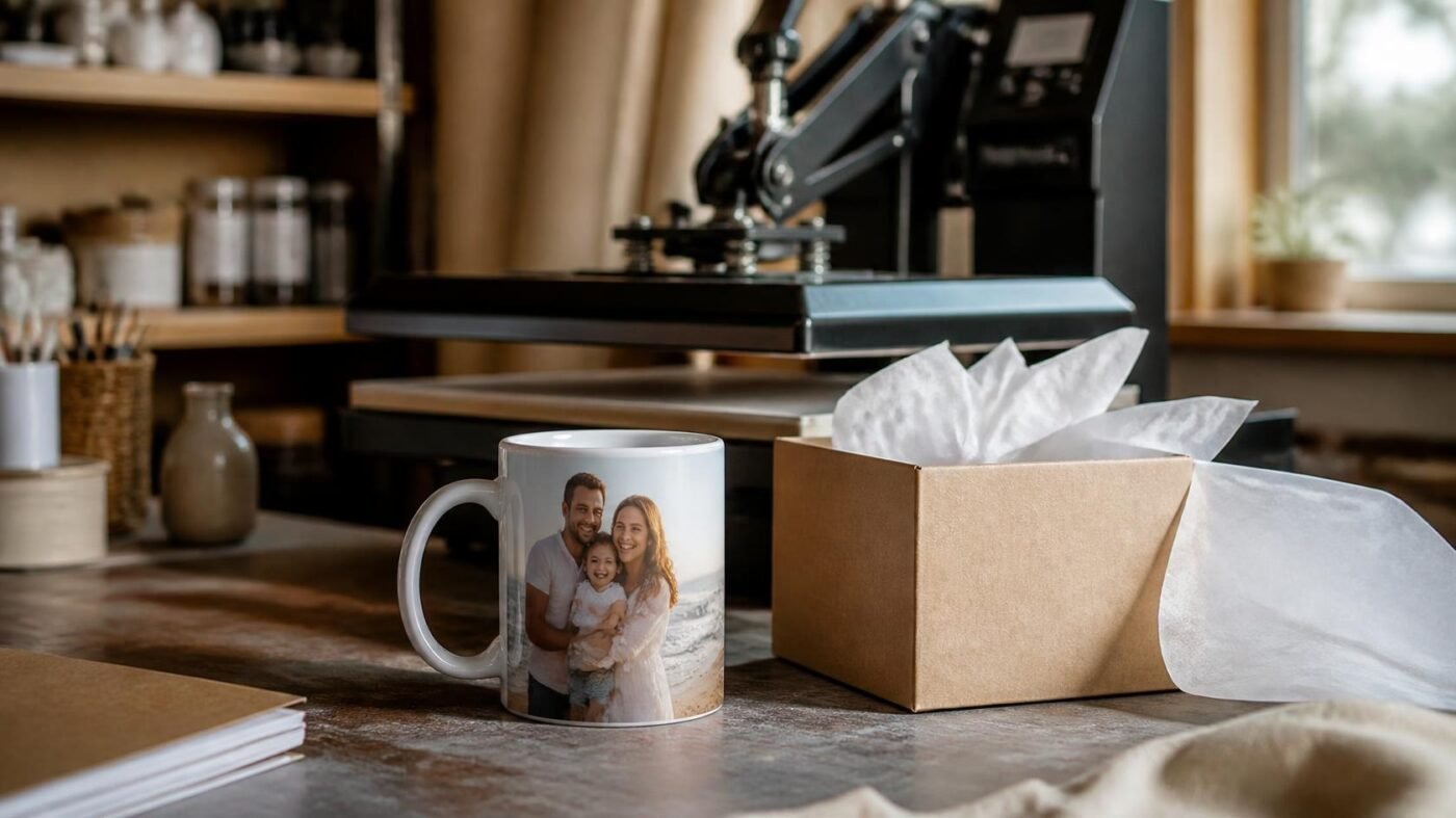 Mug blanc personnalisé avec une photo de famille posé sur l’établi d’un atelier, à côté d’une presse et d’un carton d’expédition