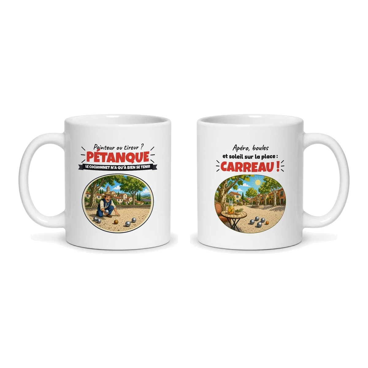 Mug pétanque – les deux faces du mug côte à côte