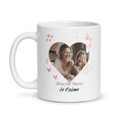 Mug photo cœur personnalisé avec texte – Céramique 330 ml, cadeau maman et mamie – mug personnalisé