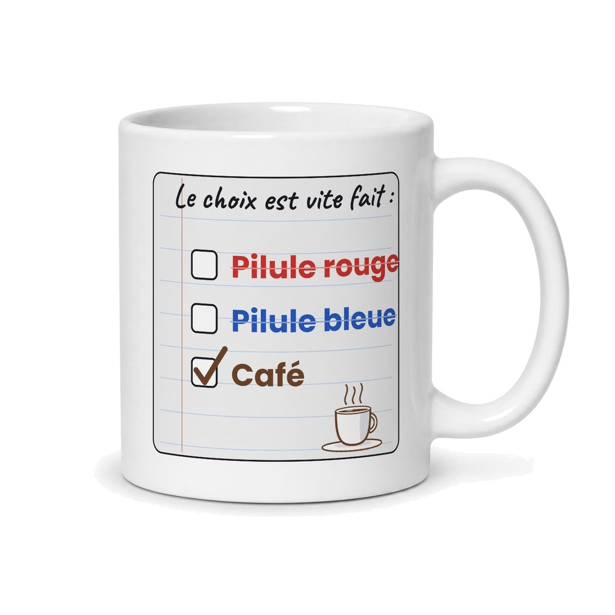 Mug pilule rouge ou pilule bleue, vue du dos
