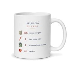 Verso du mug prof : 128 copies corrigées, stylo rouge à sec et photocopieuse en panne