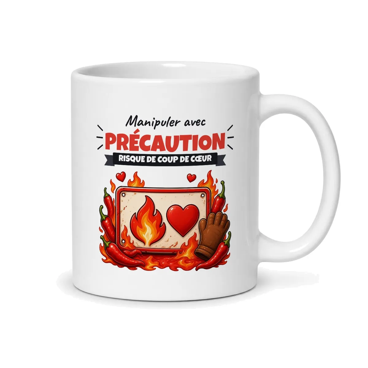 Mug rigolo Manipuler avec précaution risque de coup de cœur, vue du dos