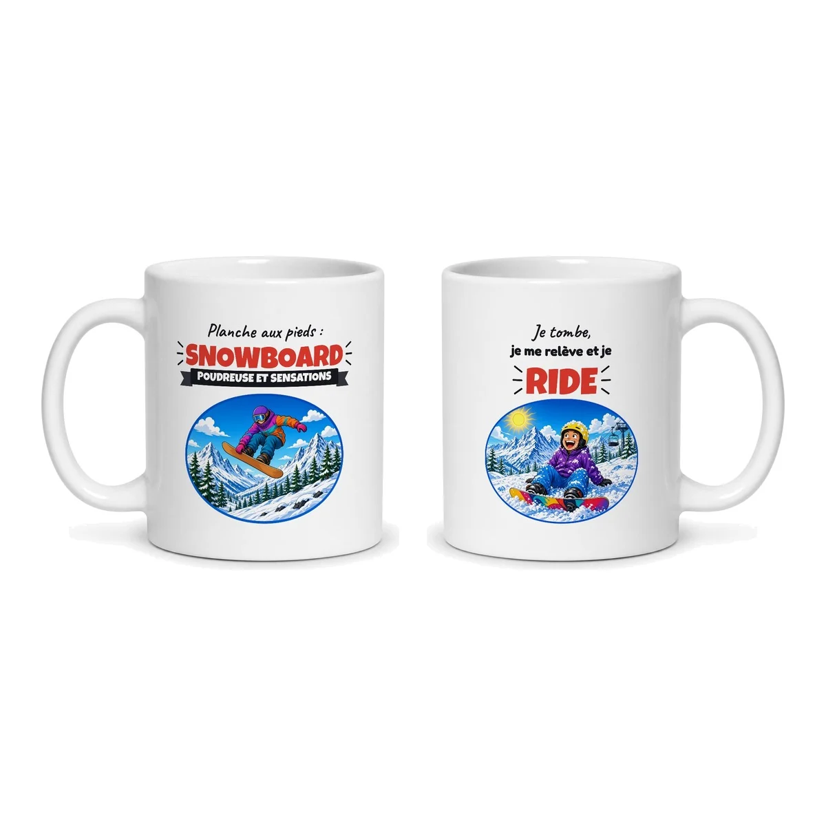 Mug snowboard – les deux faces du mug côte à côte
