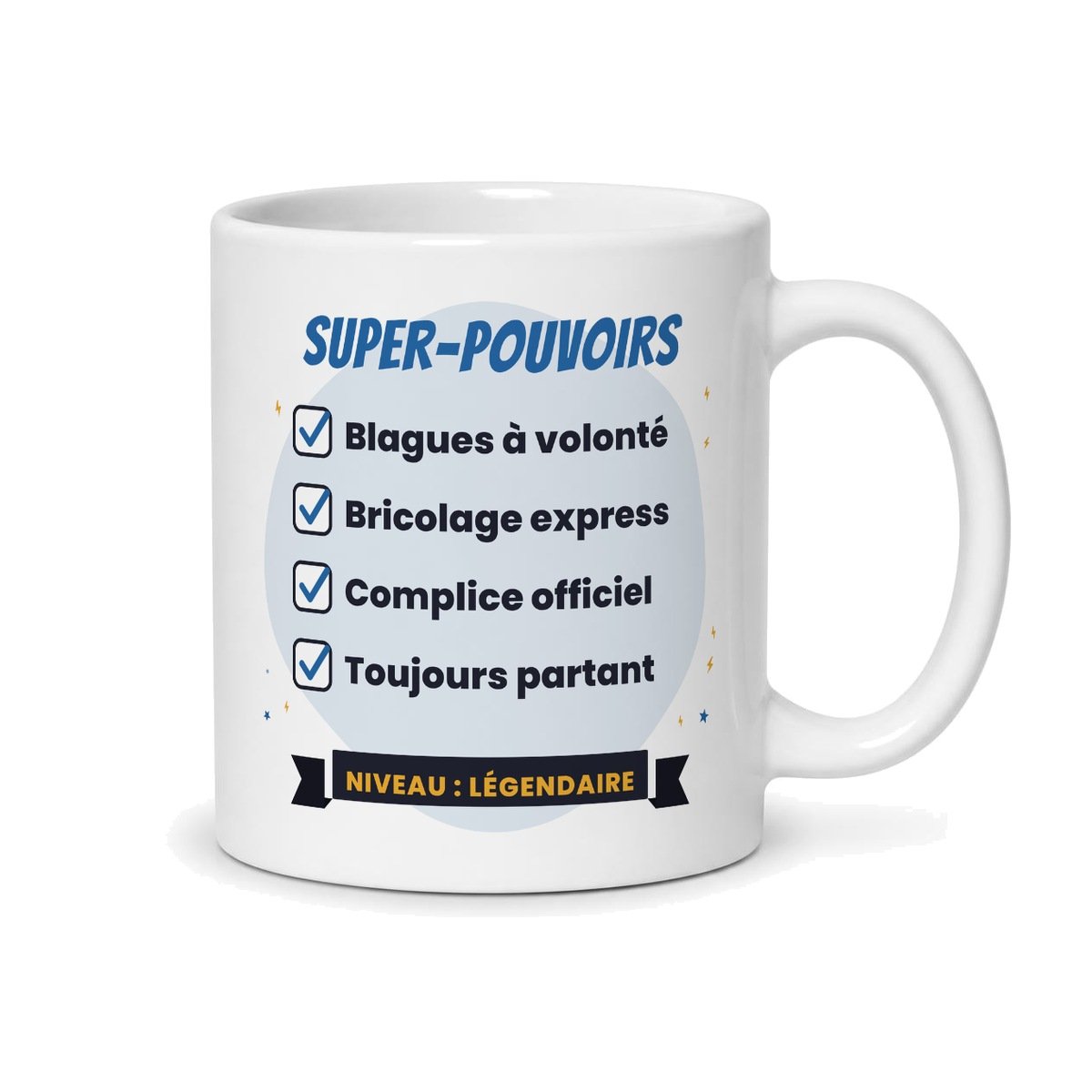 Mug super tonton, face arrière : liste des super-pouvoirs de tonton, niveau légendaire