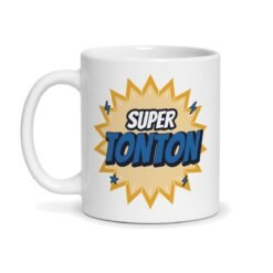 Mug super tonton, face avant : « SUPER TONTON » façon bande dessinée dans une explosion jaune