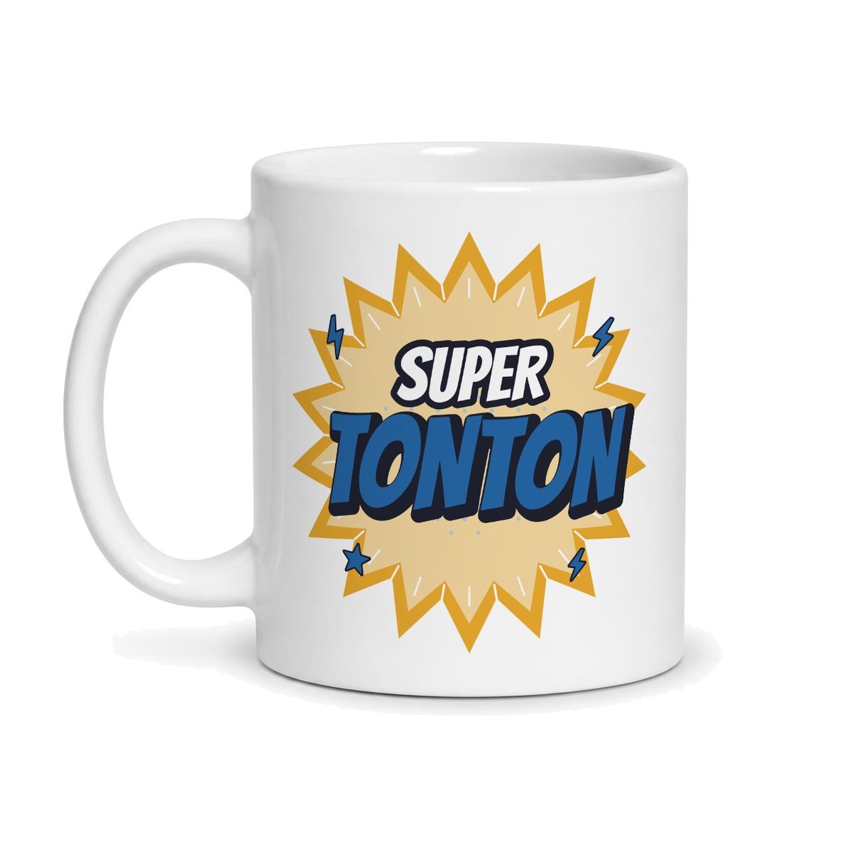 Mug super tonton, face avant : « SUPER TONTON » façon bande dessinée dans une explosion jaune