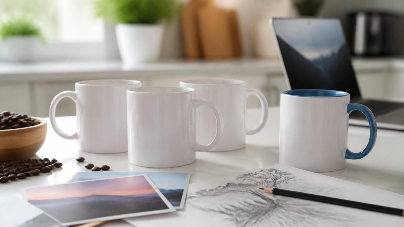 Mugs blancs et tasse à intérieur bleu sur un bureau de création, à côté de photos imprimées, d’un croquis et de grains de café