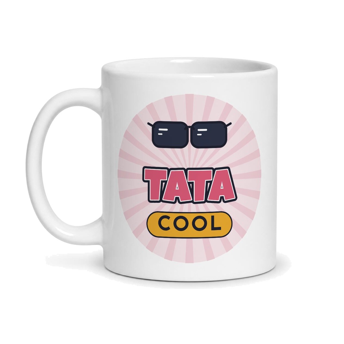 Mug tata cool, face avant : « TATA COOL » et lunettes de soleil sur fond rose rayonnant