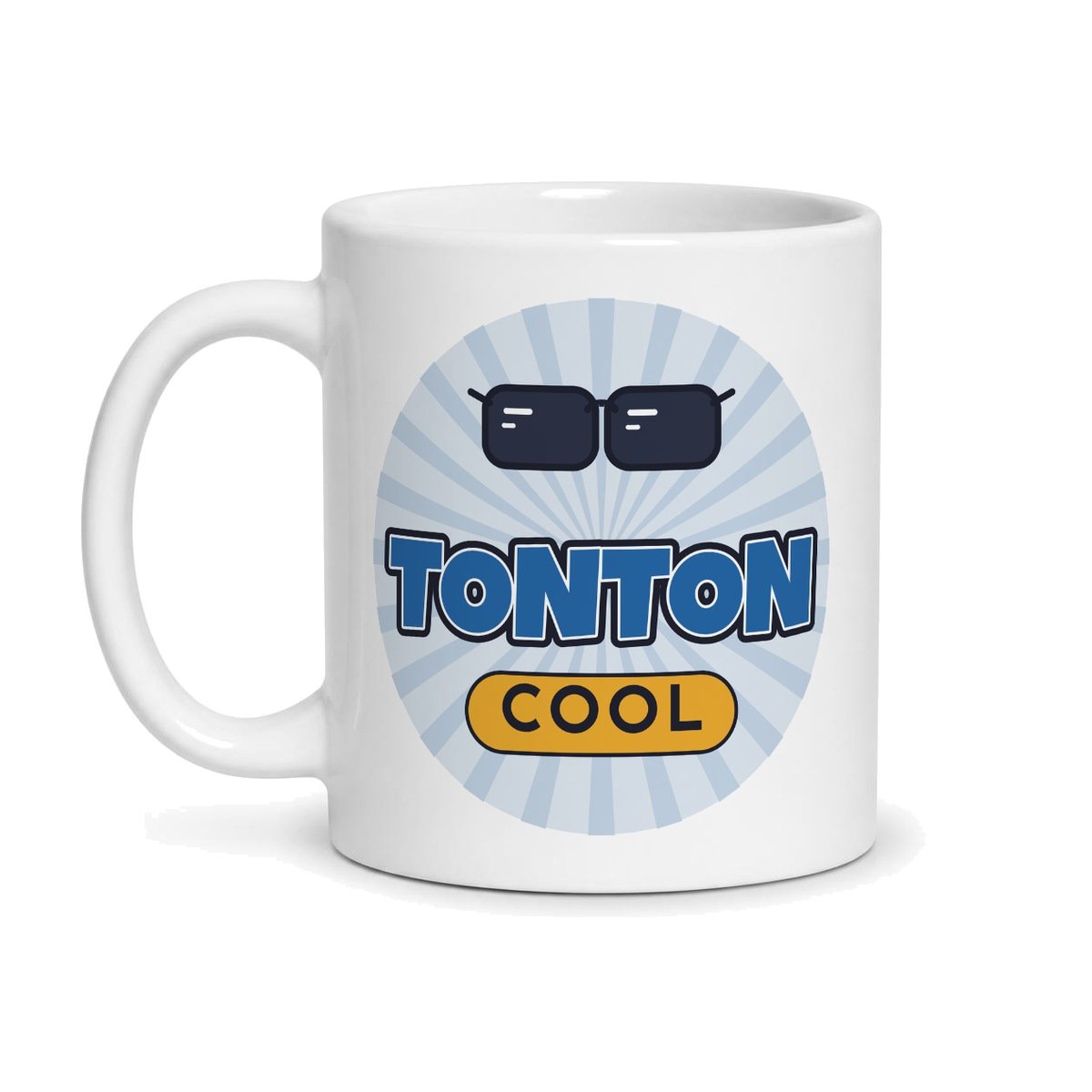 Mug tonton cool, face avant : « TONTON COOL » et lunettes de soleil sur fond bleu rayonnant