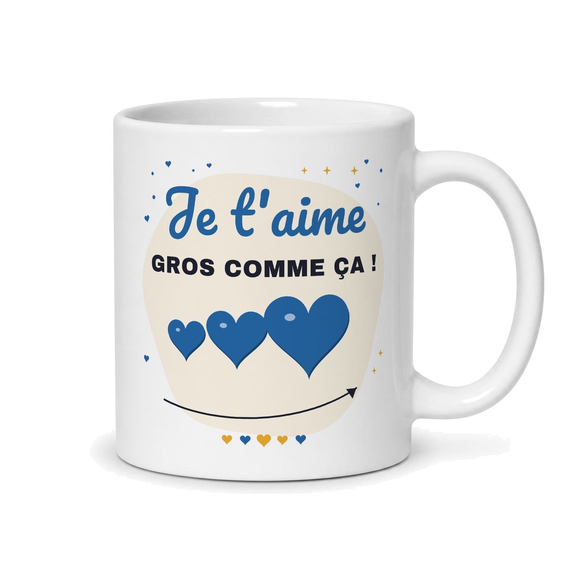 Mug tonton d’amour, face arrière : « Je t’aime gros comme ça ! » et trois cœurs bleus