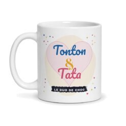 Mug tonton tata, face avant : « Tonton & Tata, le duo de choc » dans un cœur
