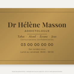 Plaque addictologue personnalisée en plexiglas or vieilli 30 × 20 cm, exemple au nom de Dr Hélène Masson