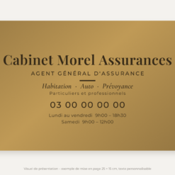 Plaque agent général d'assurance personnalisée en plexiglas or vieilli 25 × 15 cm, exemple au nom de Cabinet Morel Assurances