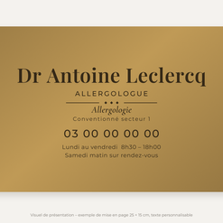 Plaque allergologue personnalisée en plexiglas or vieilli 25 × 15 cm, exemple au nom de Dr Antoine Leclercq