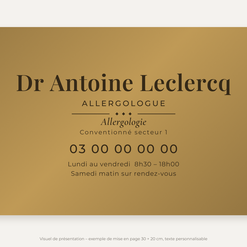 Plaque allergologue personnalisée en plexiglas or vieilli 30 × 20 cm, exemple au nom de Dr Antoine Leclercq