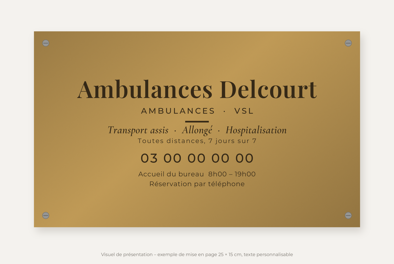 Plaque ambulance personnalisée en plexiglas or vieilli 25 × 15 cm, exemple au nom de Ambulances Delcourt
