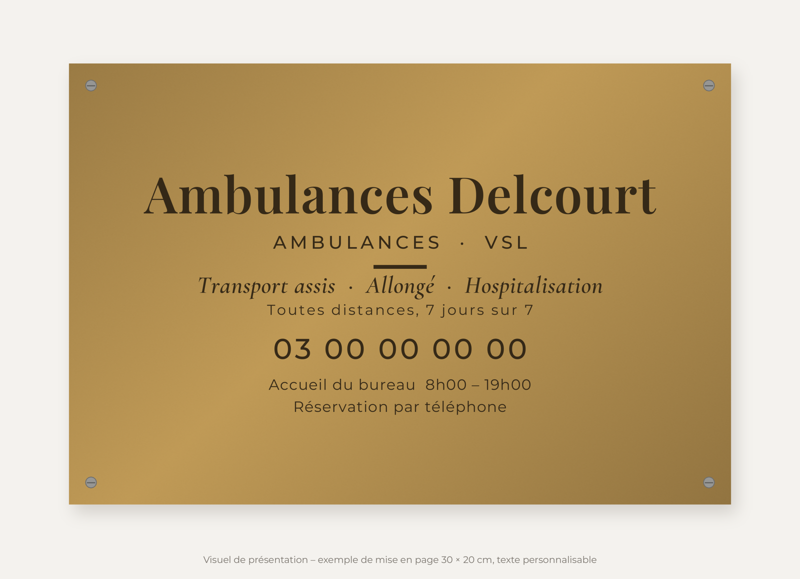 Plaque ambulance personnalisée en plexiglas or vieilli 30 × 20 cm, exemple au nom de Ambulances Delcourt