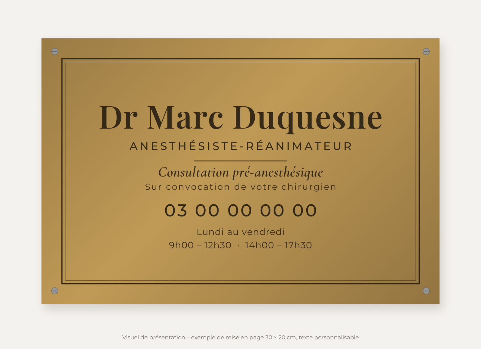 Plaque anesthésiste personnalisée en plexiglas or vieilli 30 × 20 cm, exemple au nom de Dr Marc Duquesne