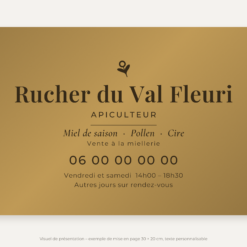 Plaque apiculteur personnalisée en plexiglas or vieilli 30 × 20 cm, exemple au nom de Rucher du Val Fleuri
