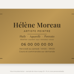 Plaque artiste peintre personnalisée en plexiglas or vieilli 25 × 15 cm, exemple au nom de Hélène Moreau