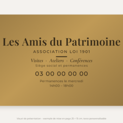 Plaque association personnalisée en plexiglas or vieilli 25 × 15 cm, exemple au nom de Les Amis du Patrimoine