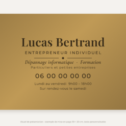 Plaque auto-entrepreneur personnalisée en plexiglas or vieilli 30 × 20 cm, exemple au nom de Lucas Bertrand