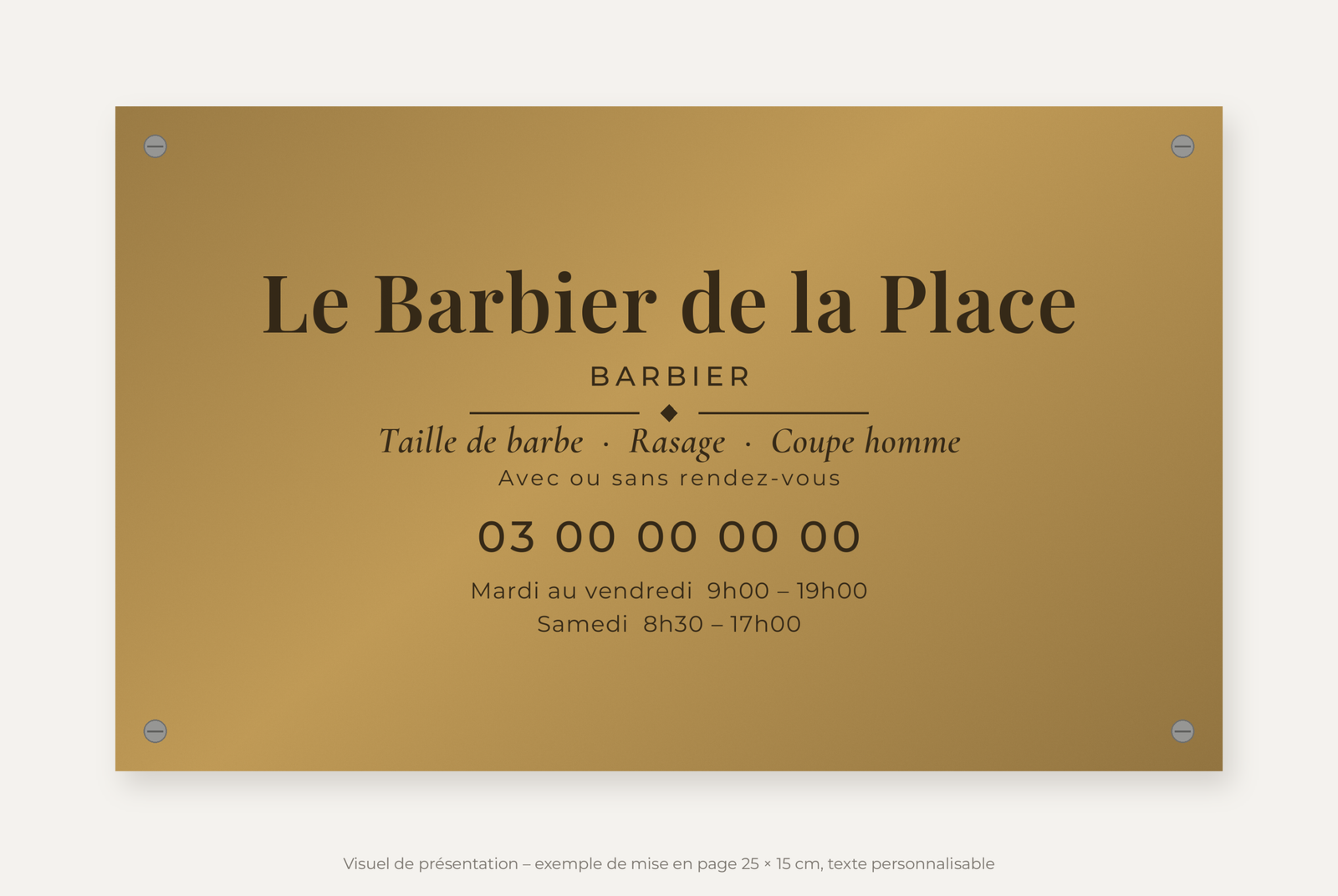 Plaque barbier personnalisée en plexiglas or vieilli 25 × 15 cm, exemple au nom de Le Barbier de la Place