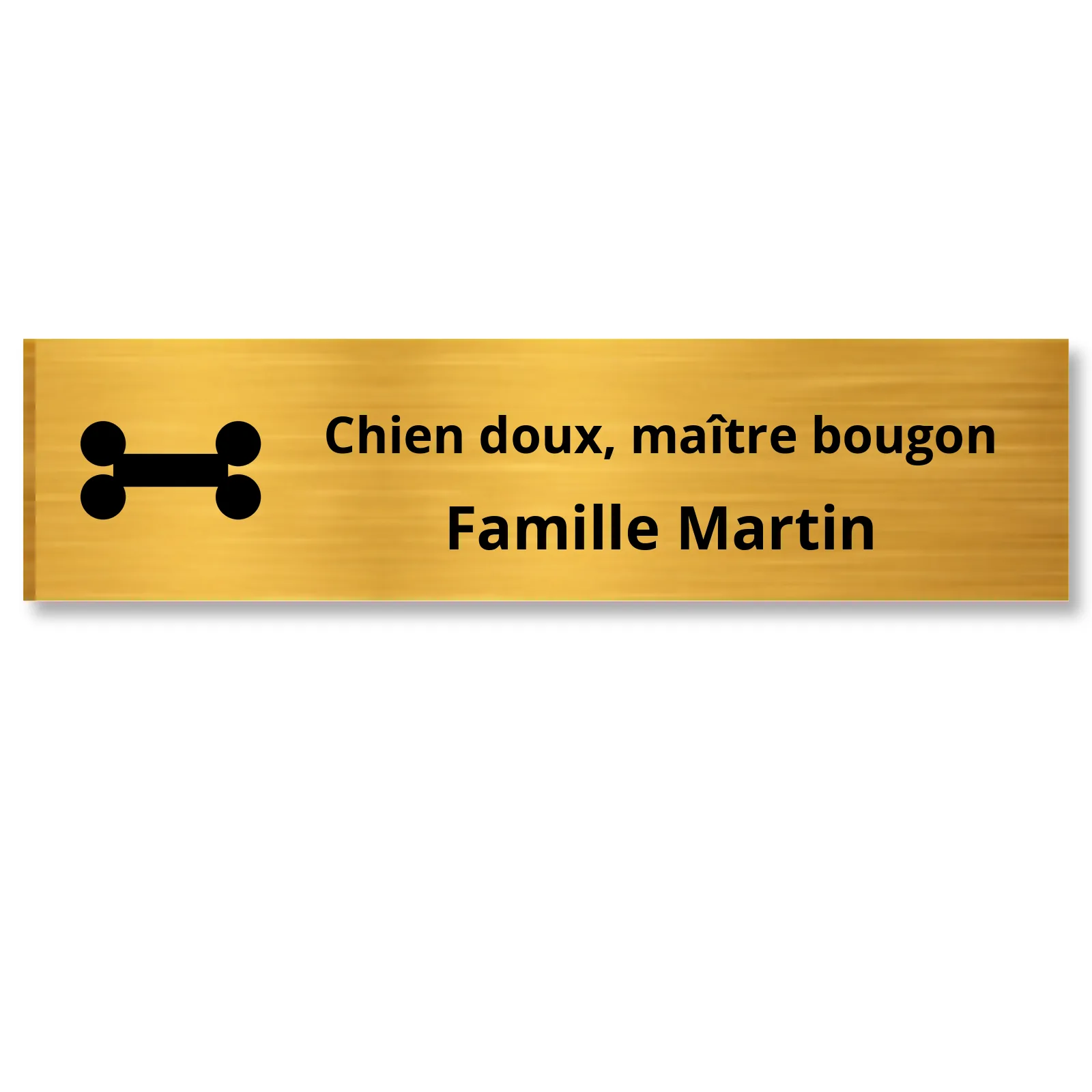Plaque boîte aux lettres humour or brossé, texte noir gravée « Chien doux, maître bougon » et Famille Martin