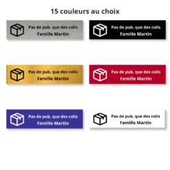 Plaque boîte aux lettres « Pas de pub, que des colis » en plusieurs couleurs
