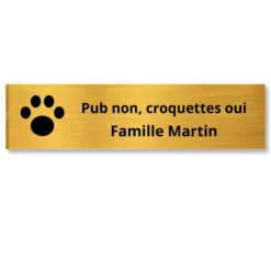 Plaque boîte aux lettres humour or brossé, texte noir gravée « Pub non, croquettes oui » et Famille Martin