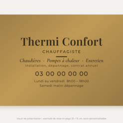 Plaque chauffagiste personnalisée en plexiglas or vieilli 25 × 15 cm, exemple au nom de Thermi Confort
