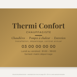 Plaque chauffagiste personnalisée en plexiglas or vieilli 30 × 20 cm, exemple au nom de Thermi Confort